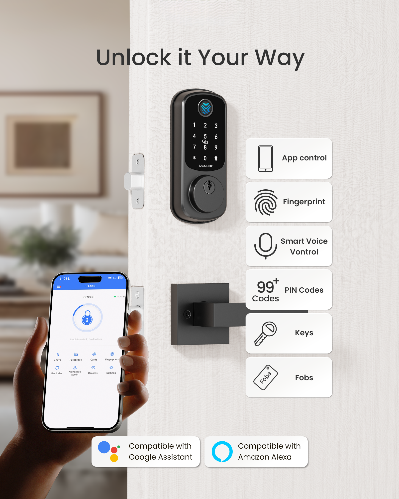 DESLOC B200 Fingerprint Smart Door Lock with 2 Lever Handles